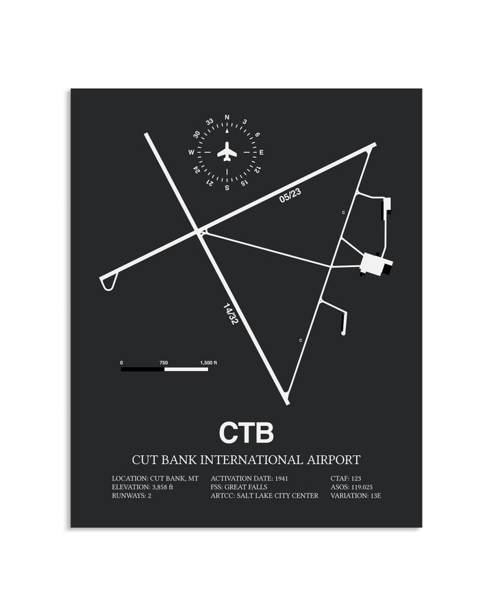 Gray Framed Cut Bank International Airport layout wall art poster