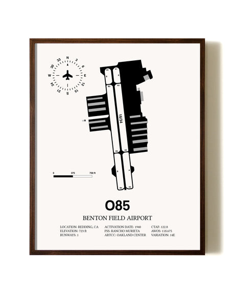 Benton Field Airport aviation print in walnut frame