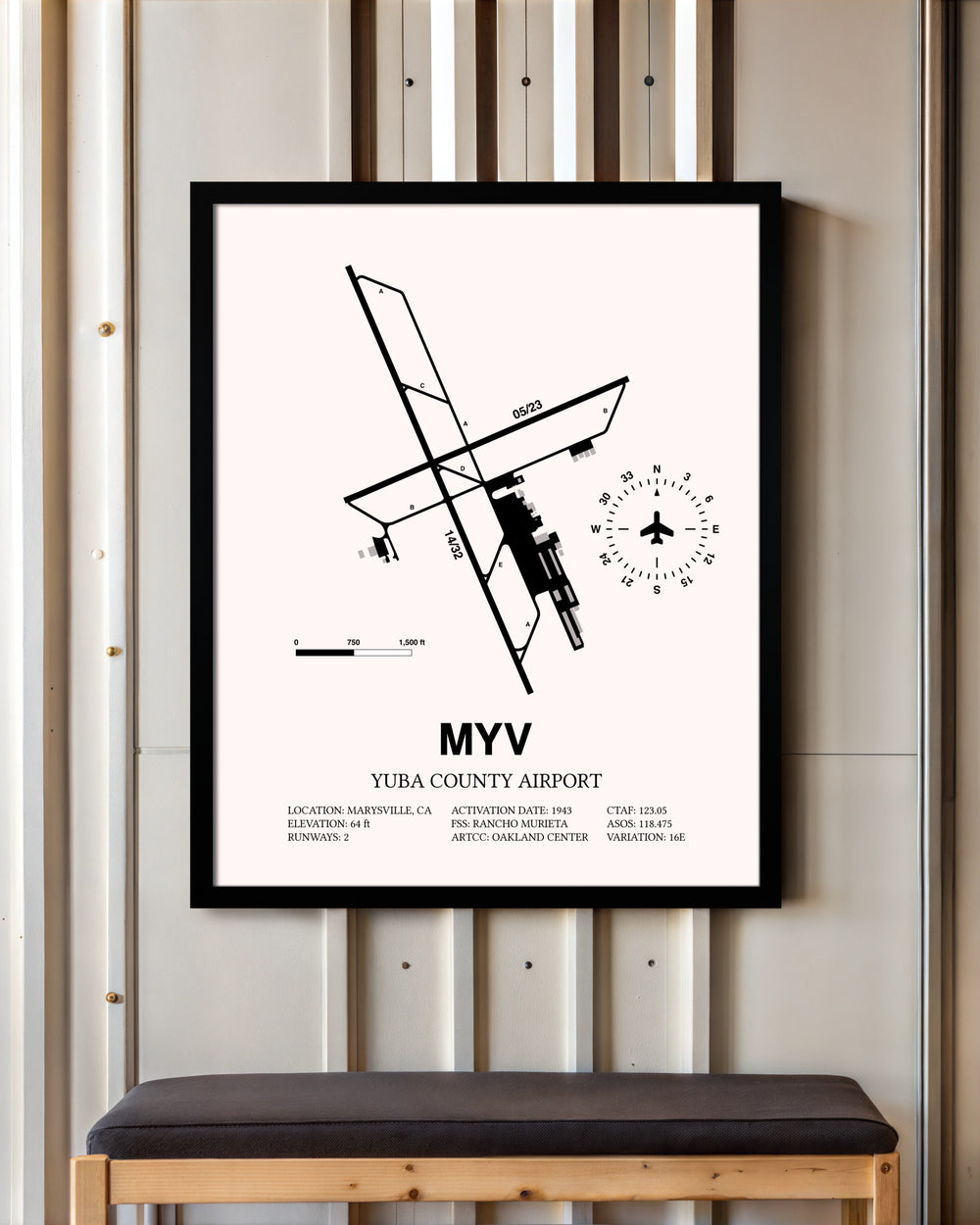 Yuba County Airport framed poster displayed in an airplane hangar