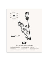 Gray Bourland Field Airport framed poster displayed in an airplane hangar