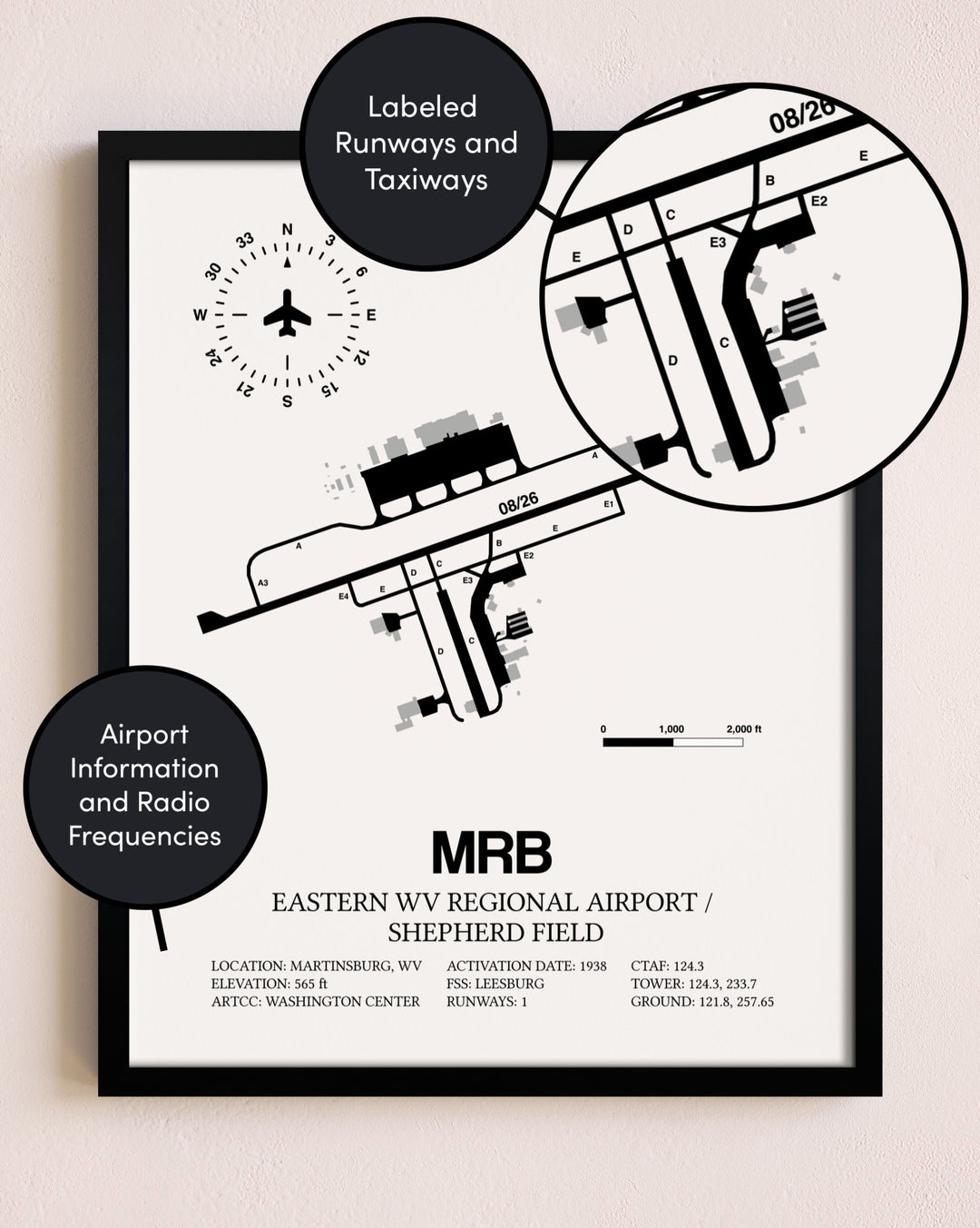 Framed Eastern WV Regional Airport / Shepherd Field layout wall art poster