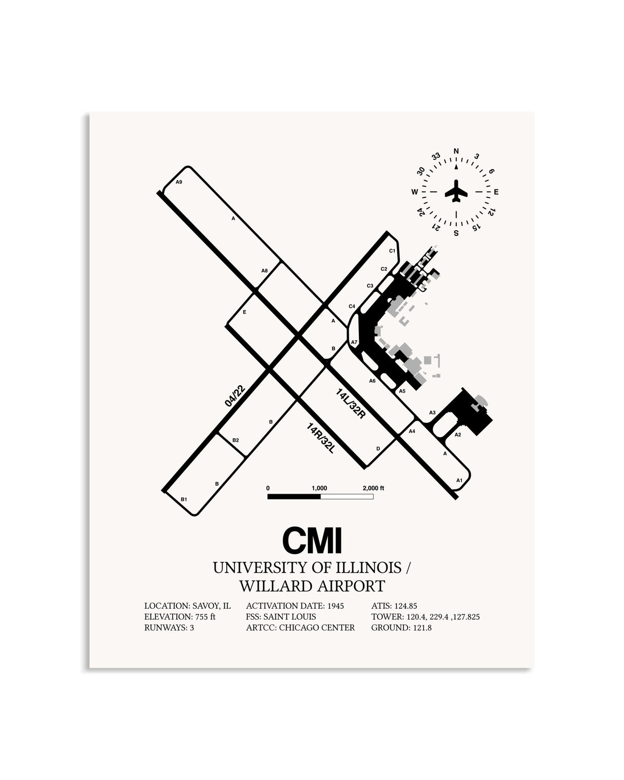 Gray University of Illinois / Willard Airport framed poster displayed in an airplane hangar