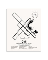 Gray University of Illinois / Willard Airport framed poster displayed in an airplane hangar