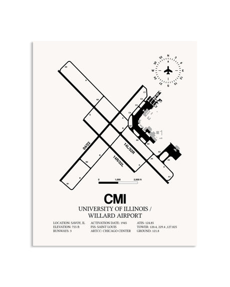 Gray University of Illinois / Willard Airport framed poster displayed in an airplane hangar