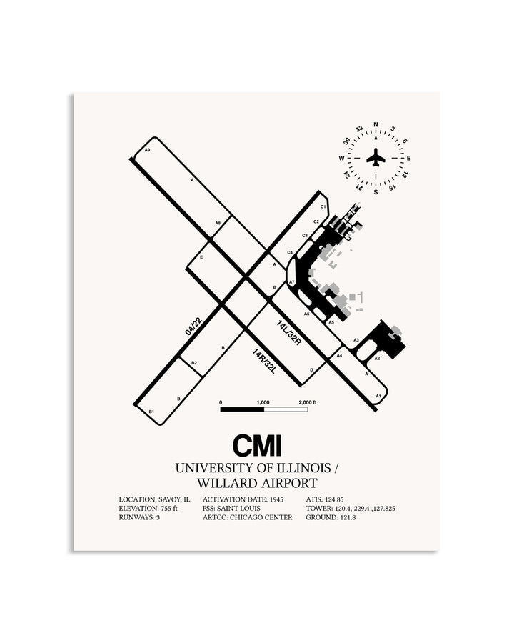Gray University of Illinois / Willard Airport framed poster displayed in an airplane hangar