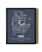 Blue and Cream Framed Chicago O'Hare International Airport layout wall art poster