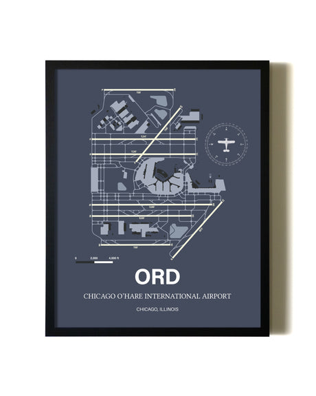 Blue and Cream Framed Chicago O'Hare International Airport layout wall art poster