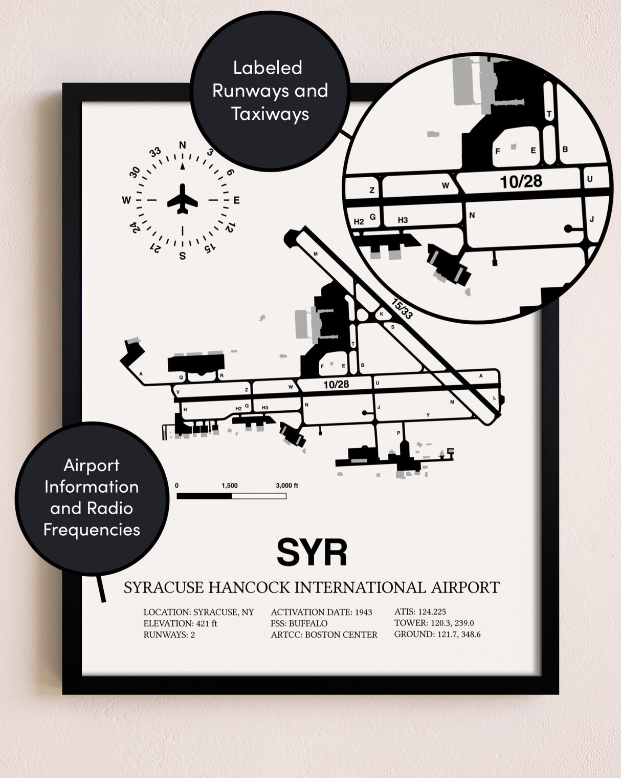 Framed Syracuse Hancock International Airport layout wall art poster
