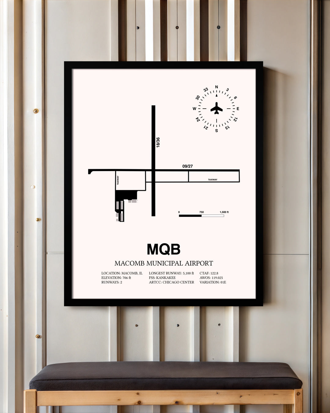 Macomb Municipal Airport framed poster displayed in an airplane hangar