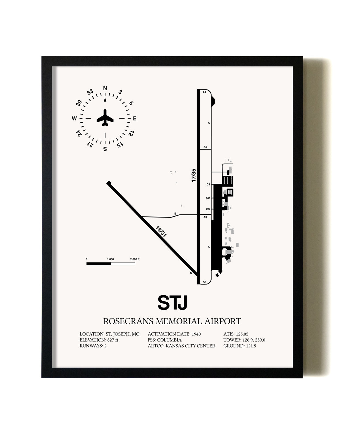 Framed Rosecrans Memorial Airport wall art poster in black frame