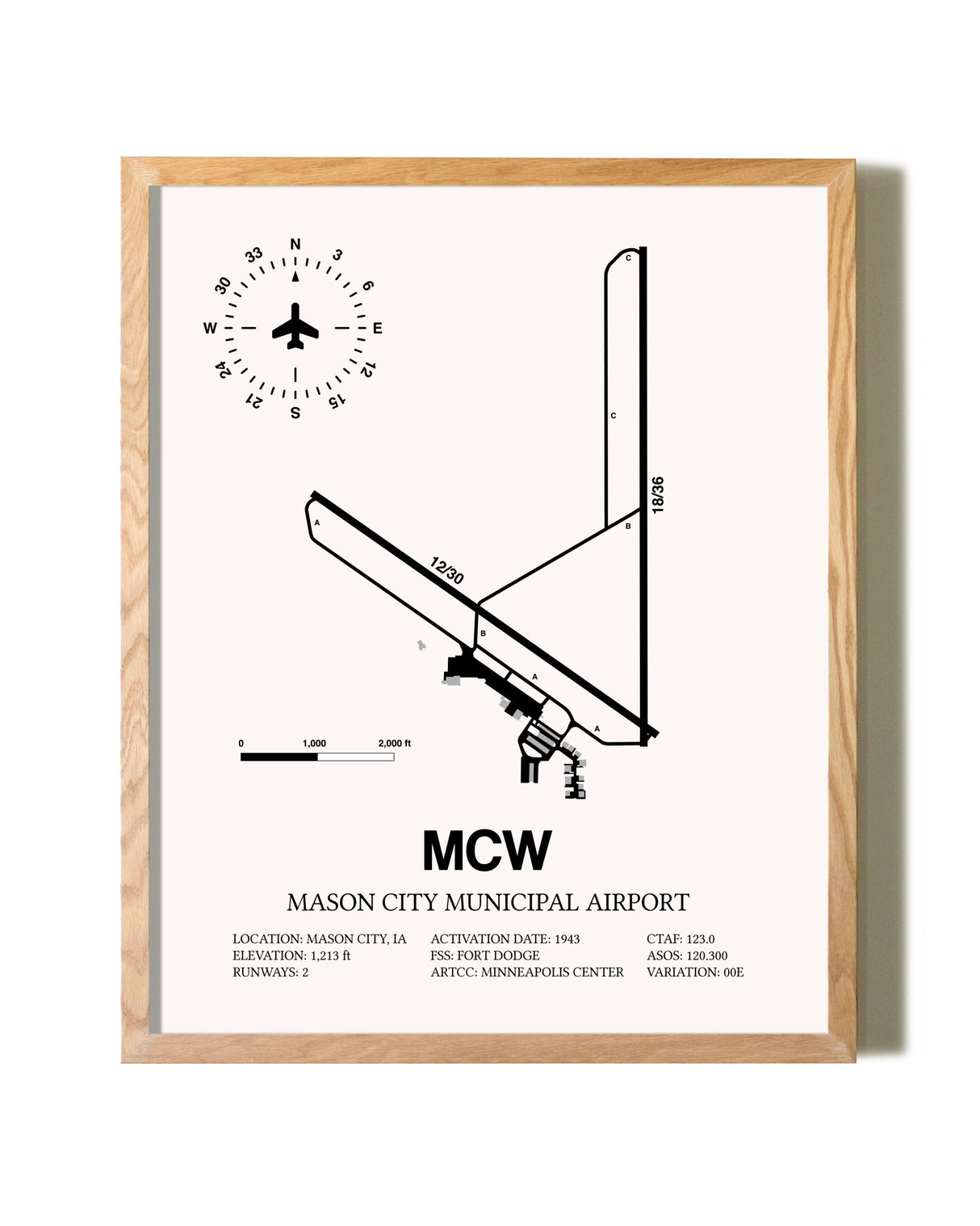 Mason City Municipal Airport framed print in natural wood frame