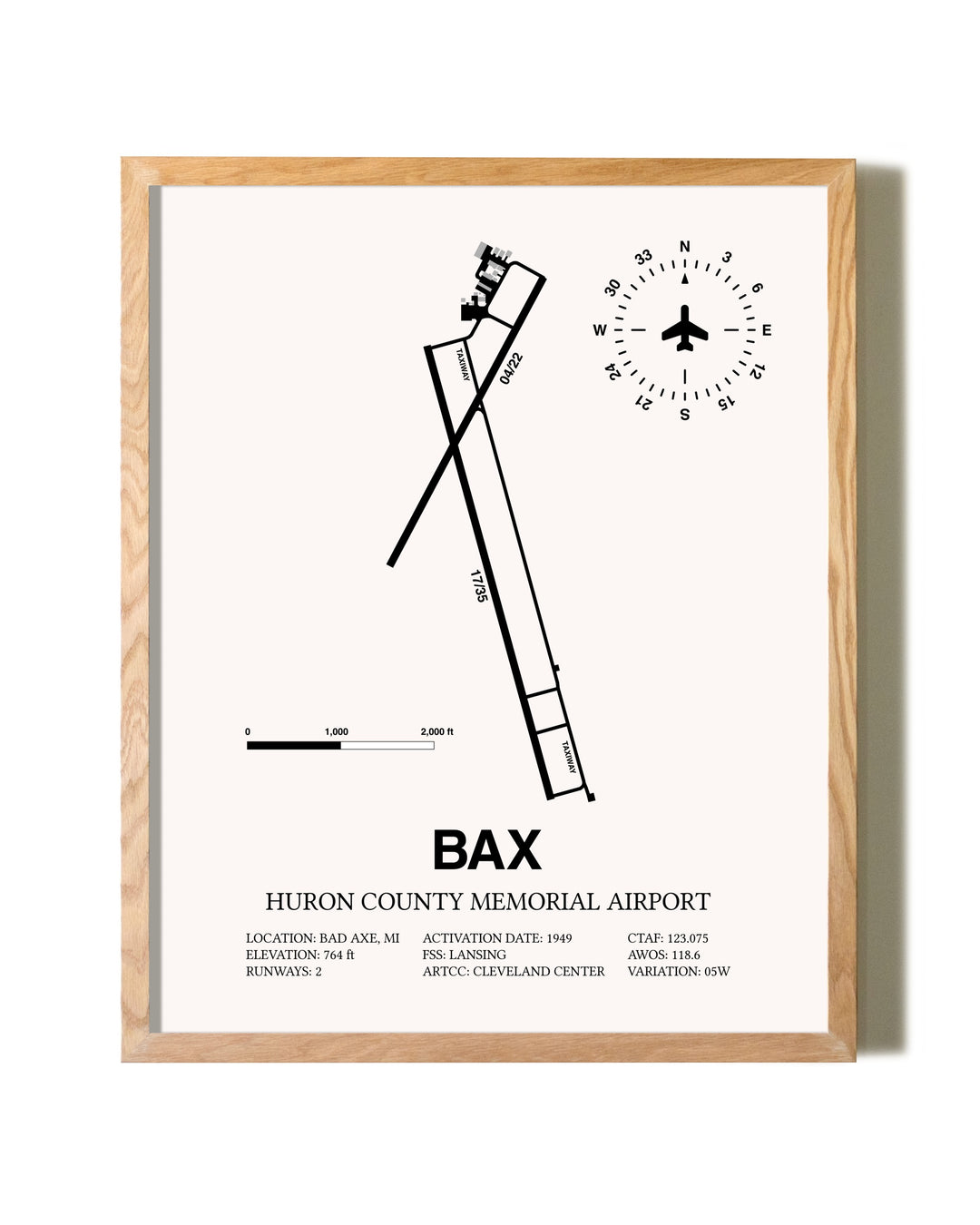 Huron County Memorial Airport framed print in natural wood frame