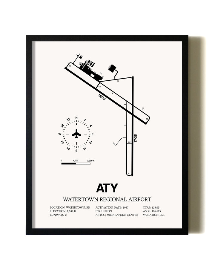 Framed Watertown Regional Airport wall art poster in black frame