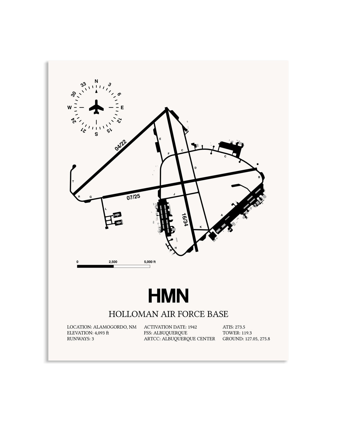 Gray Holloman Air Force Base framed poster displayed in an airplane hangar