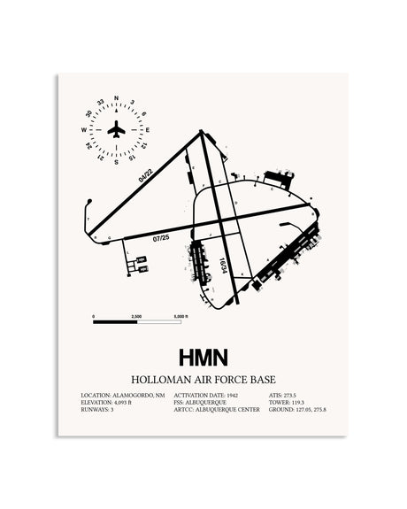 Gray Holloman Air Force Base framed poster displayed in an airplane hangar