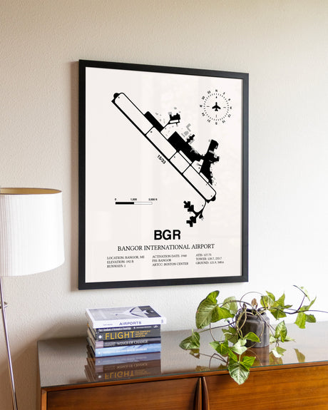 Bangor International Airport aviation wall décor in black wood frame