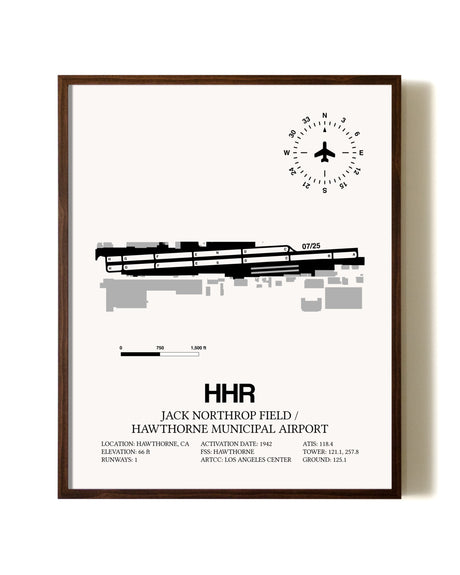 Jack Northrop Field / Hawthorne Municipal Airport aviation print in walnut frame