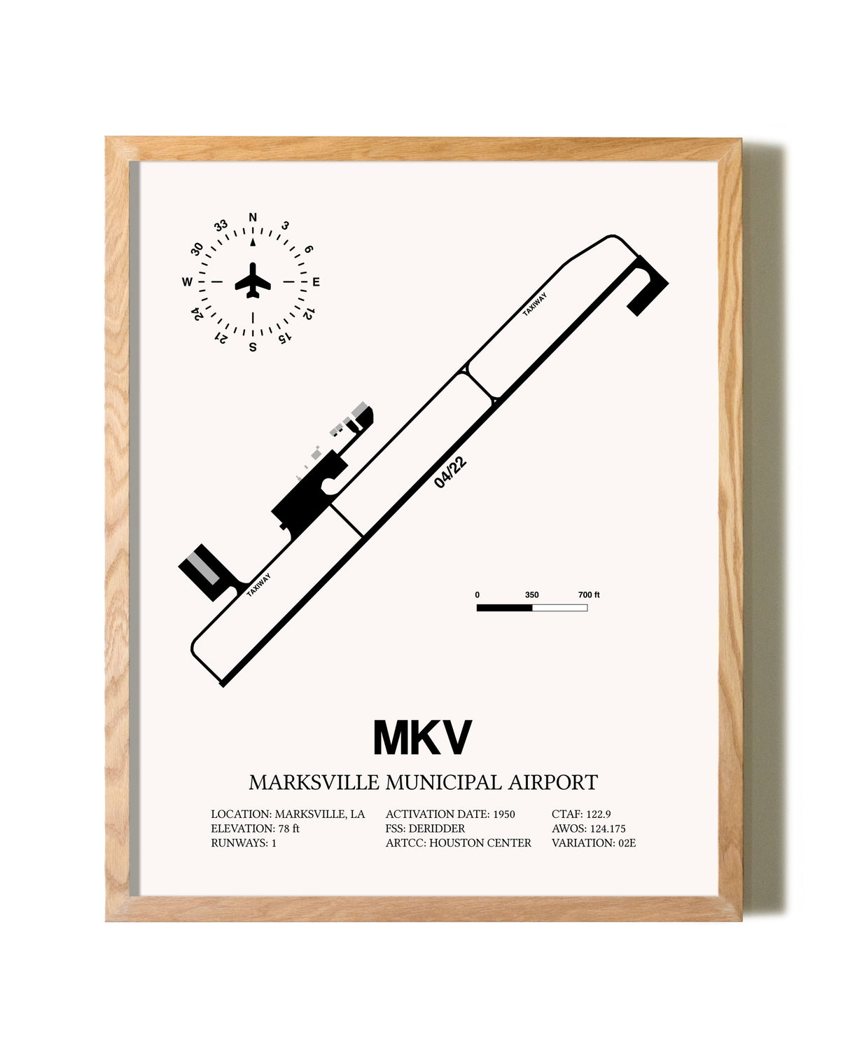 Marksville Municipal Airport framed print in natural wood frame