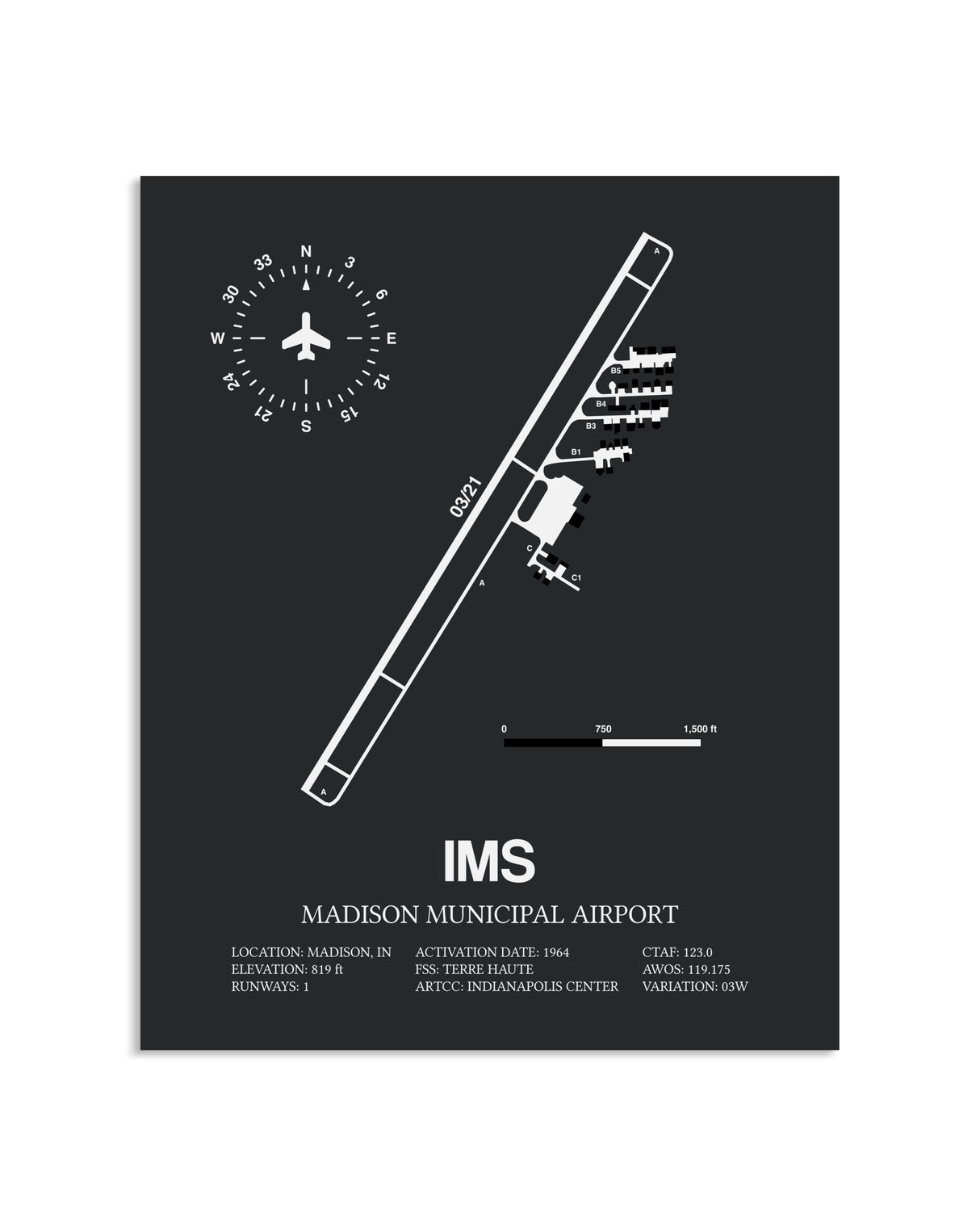 Gray Framed Madison Municipal Airport layout wall art poster