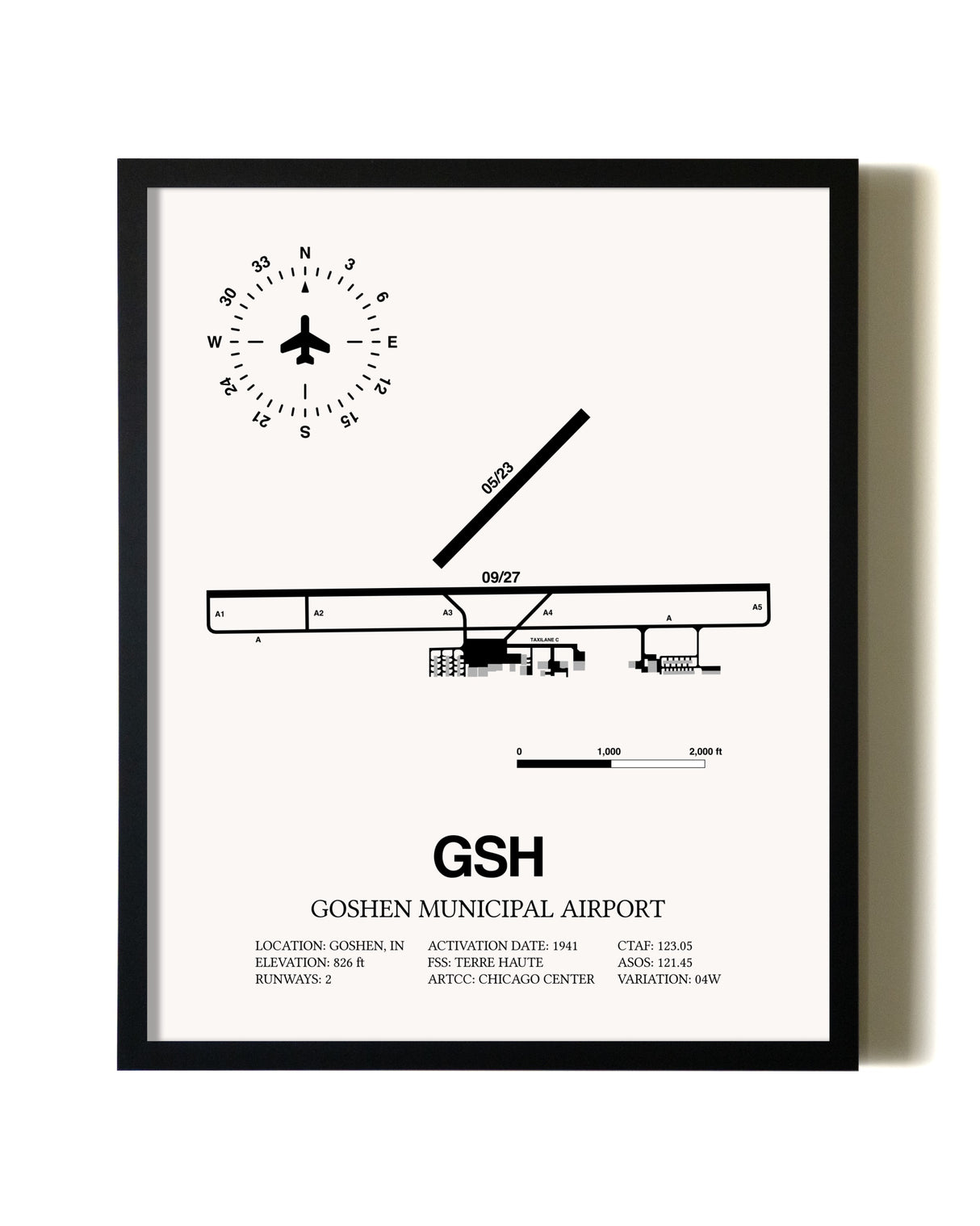 Framed Goshen Municipal Airport wall art poster in black frame