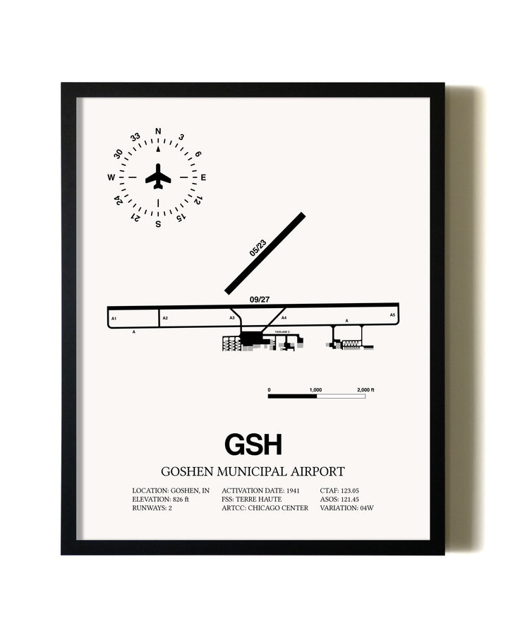 Framed Goshen Municipal Airport wall art poster in black frame
