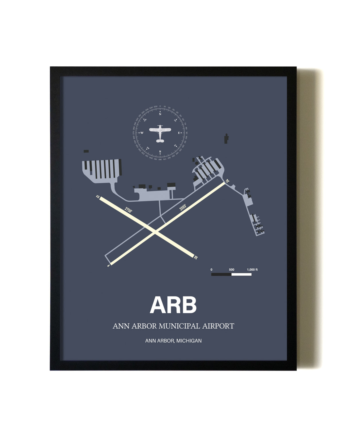 Blue and Cream Framed Ann Arbor Municipal Airport layout wall art poster