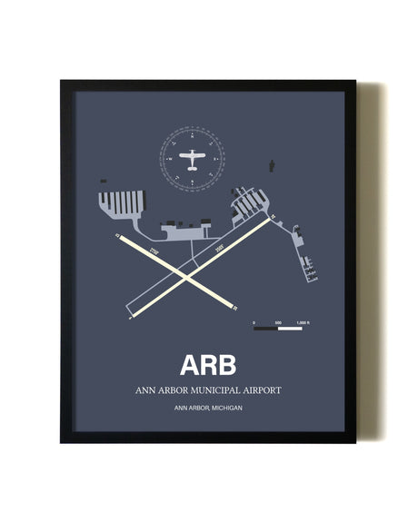 Blue and Cream Framed Ann Arbor Municipal Airport layout wall art poster