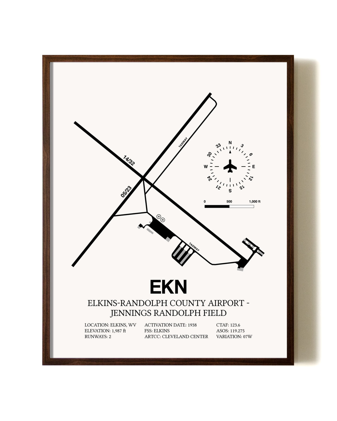 Elkins-Randolph County Airport-Jennings Randolph Field aviation print in walnut frame