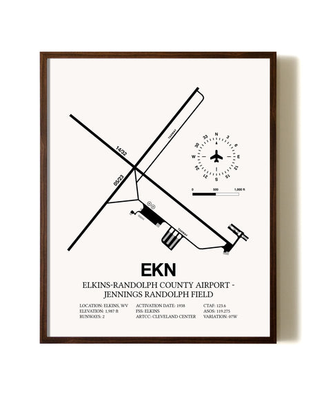 Elkins-Randolph County Airport-Jennings Randolph Field aviation print in walnut frame