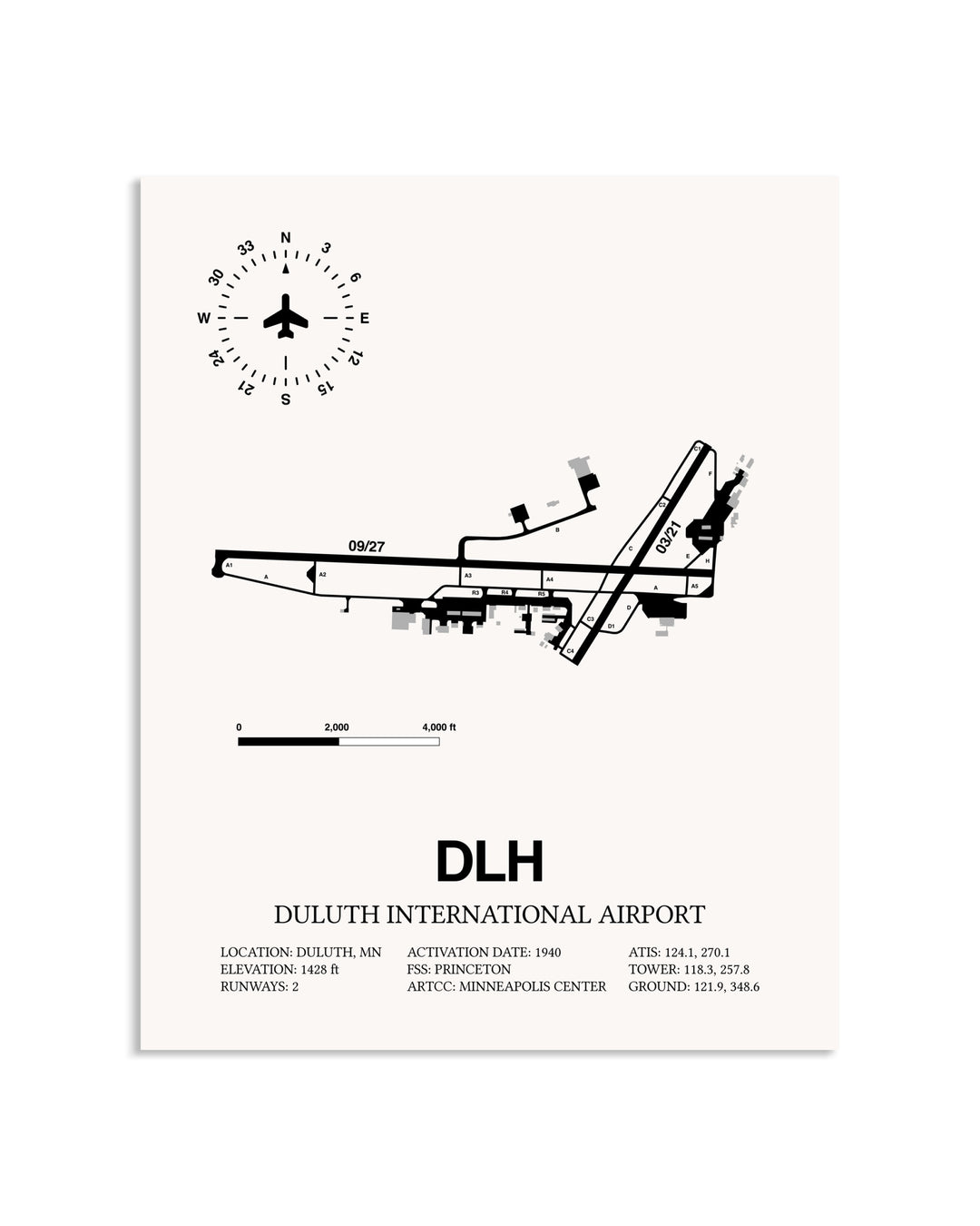 Gray Duluth International Airport framed poster displayed in an airplane hangar