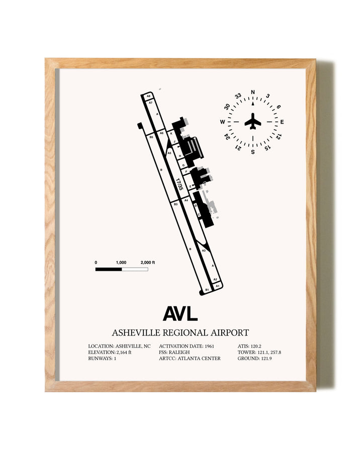 Asheville Regional Airport framed print in natural wood frame