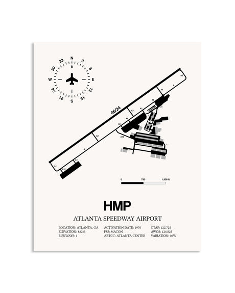 Gray Atlanta Speedway Airport framed poster displayed in an airplane hangar