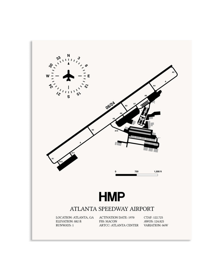 Gray Atlanta Speedway Airport framed poster displayed in an airplane hangar