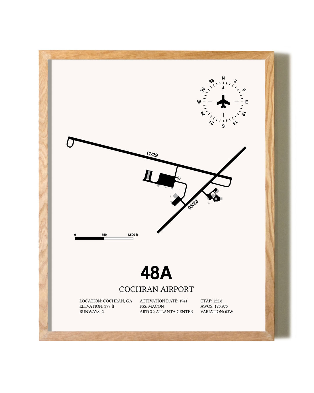 Cochran Airport framed print in natural wood frame