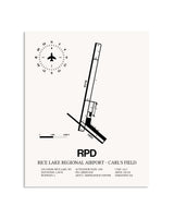Gray Rice Lake Regional Airport-Carl's Field framed poster displayed in an airplane hangar