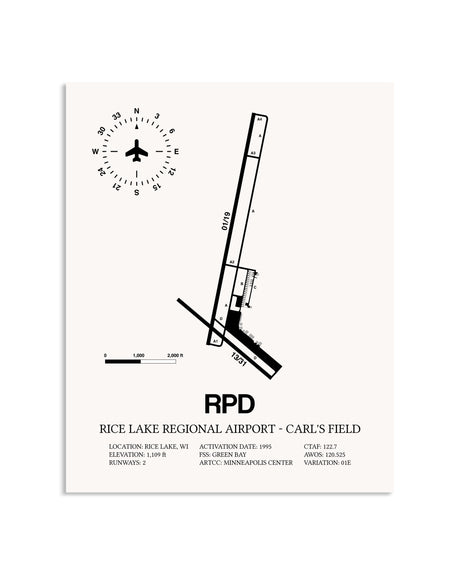 Gray Rice Lake Regional Airport-Carl's Field framed poster displayed in an airplane hangar