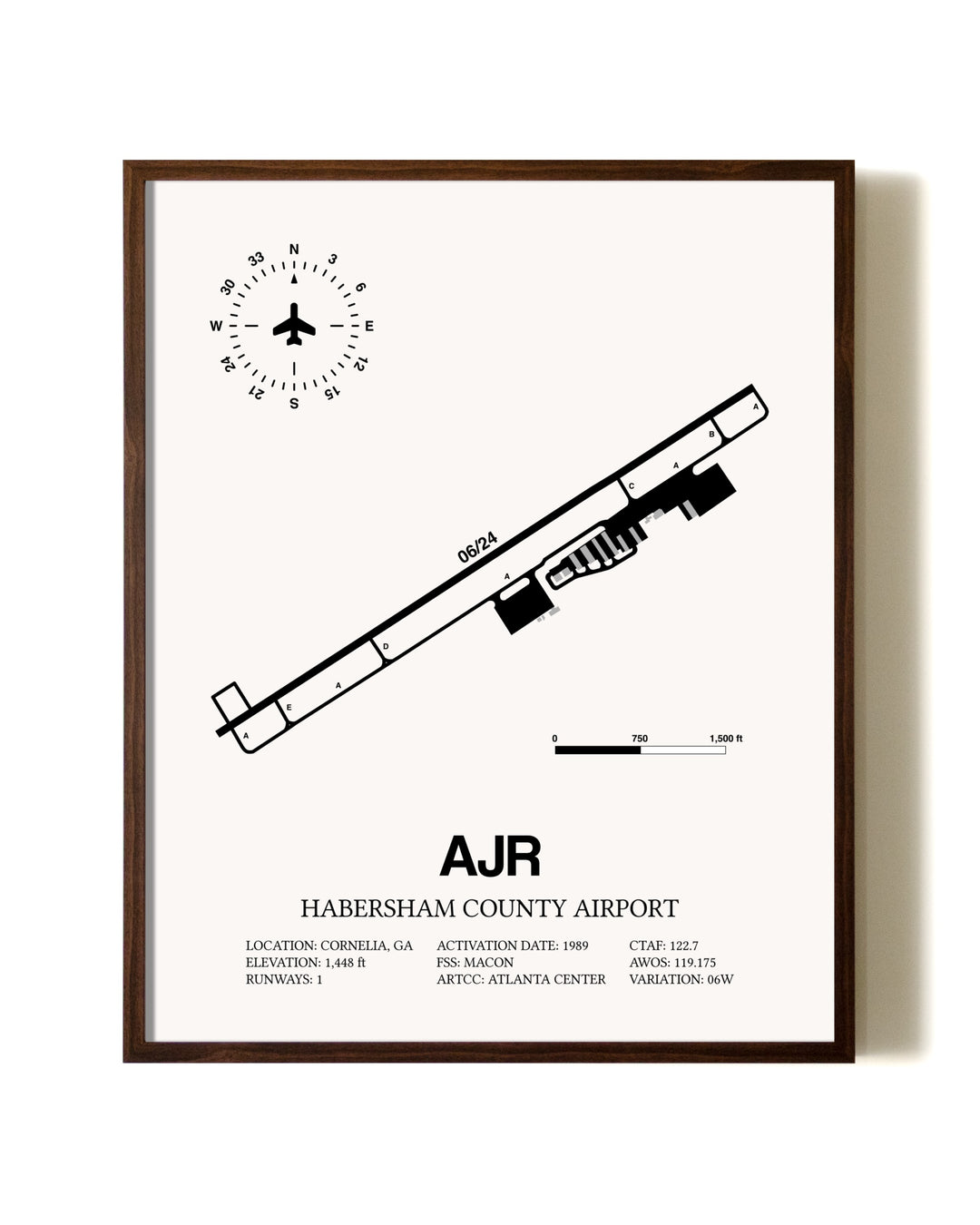 Habersham County Airport aviation print in walnut frame