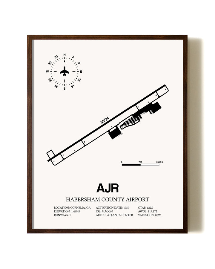Habersham County Airport aviation print in walnut frame