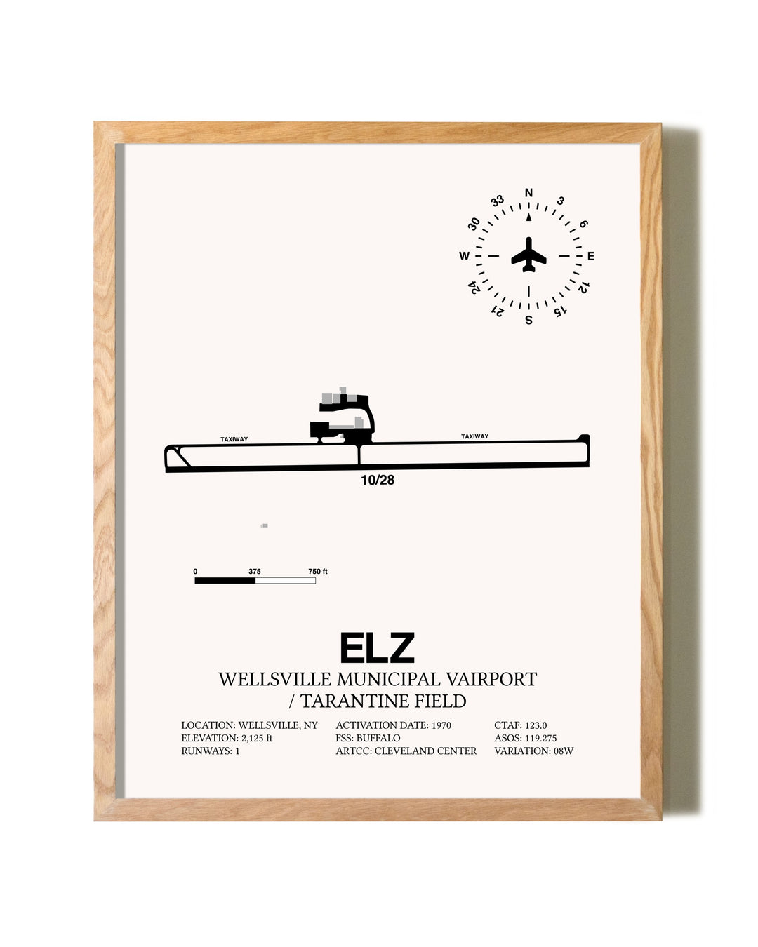 Wellsville Municipal Airport / Tarantine Field framed print in natural wood frame