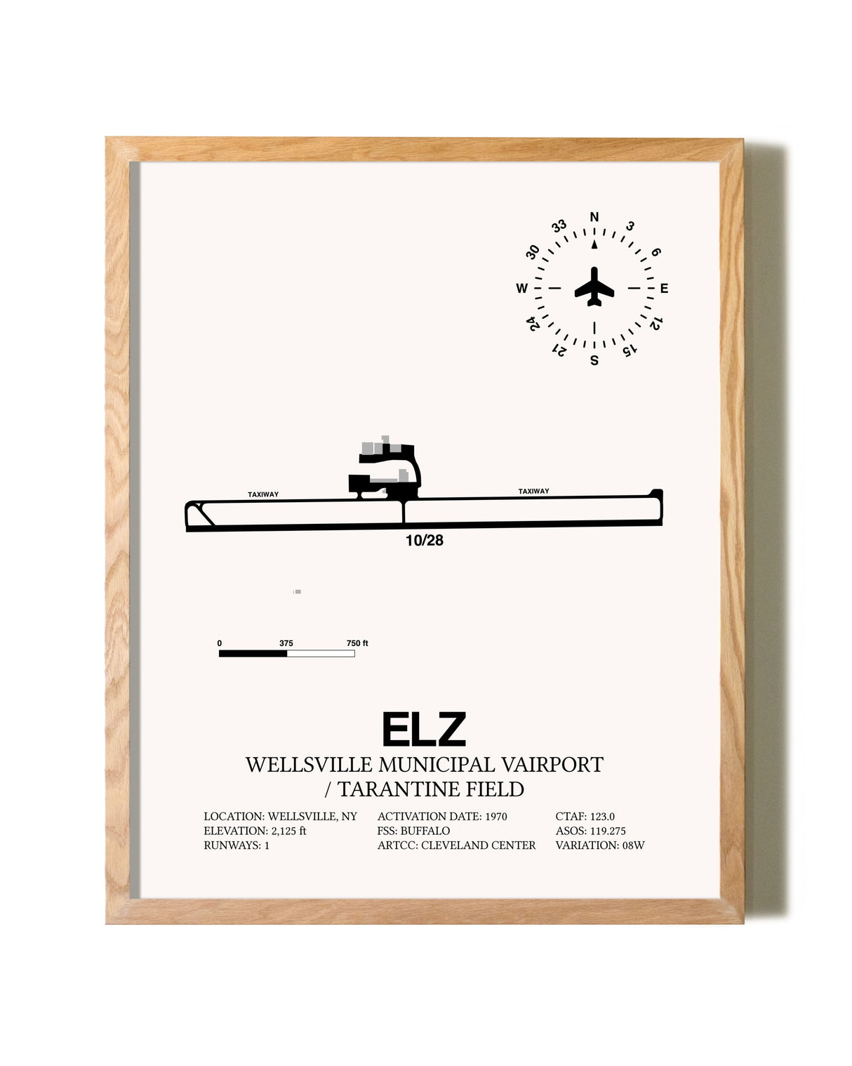 Wellsville Municipal Airport / Tarantine Field framed print in natural wood frame