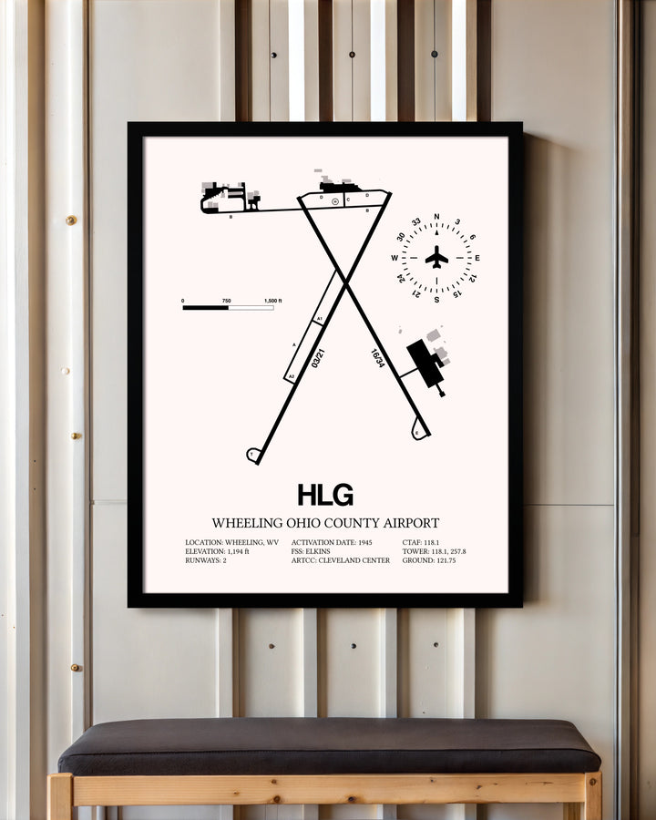 Wheeling Ohio County Airport framed poster displayed in an airplane hangar