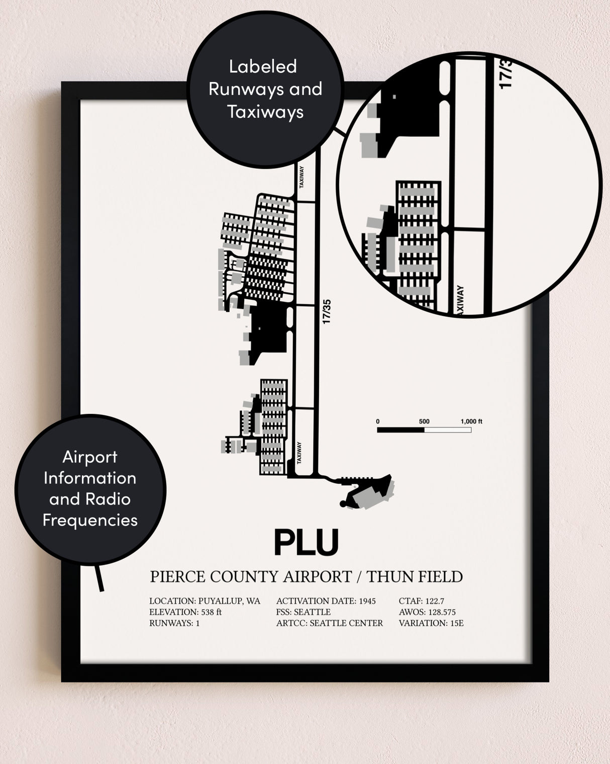 Framed Pierce County Airport / Thun Field layout wall art poster