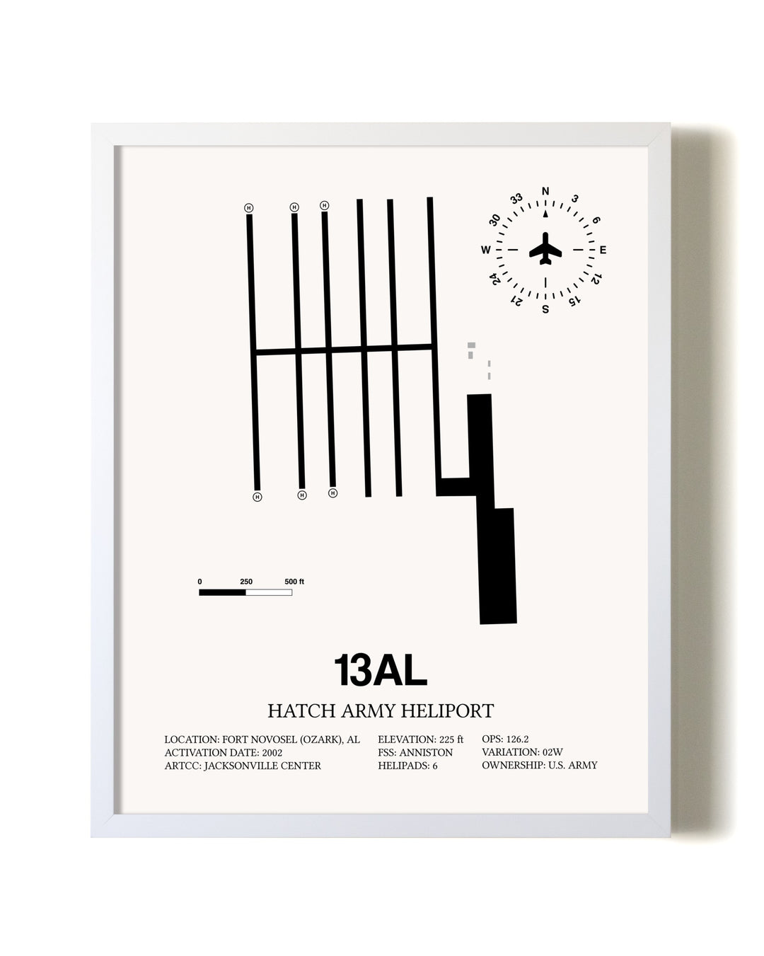 Hatch Army Heliport airport map poster in oak frame
