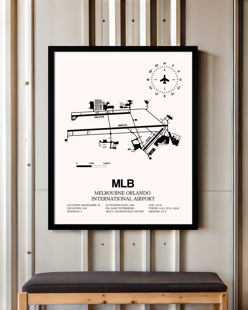 Melbourne Orlando International Airport framed poster displayed in an airplane hangar