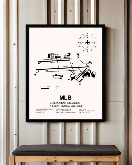 Melbourne Orlando International Airport framed poster displayed in an airplane hangar
