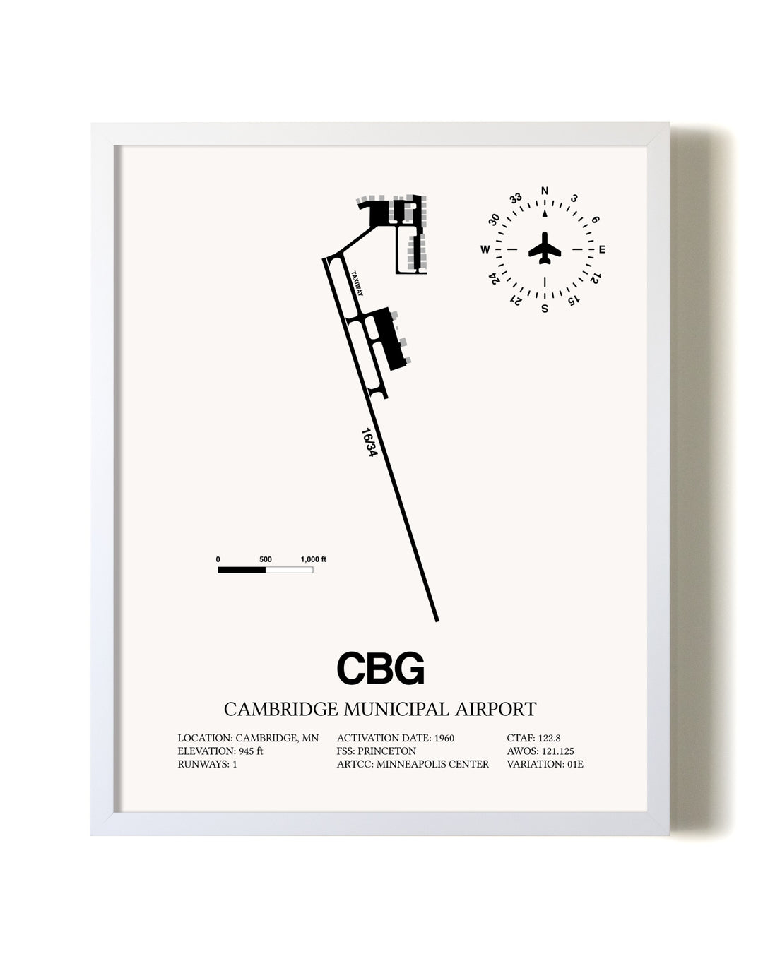 Cambridge Municipal Airport airport map poster in oak frame