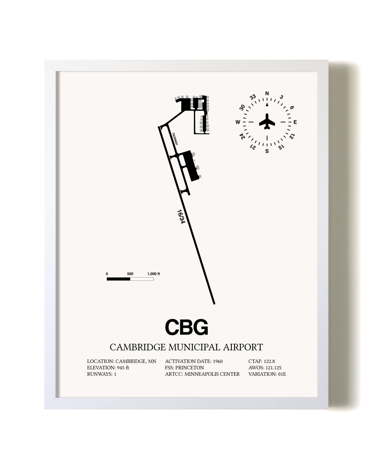Cambridge Municipal Airport airport map poster in oak frame