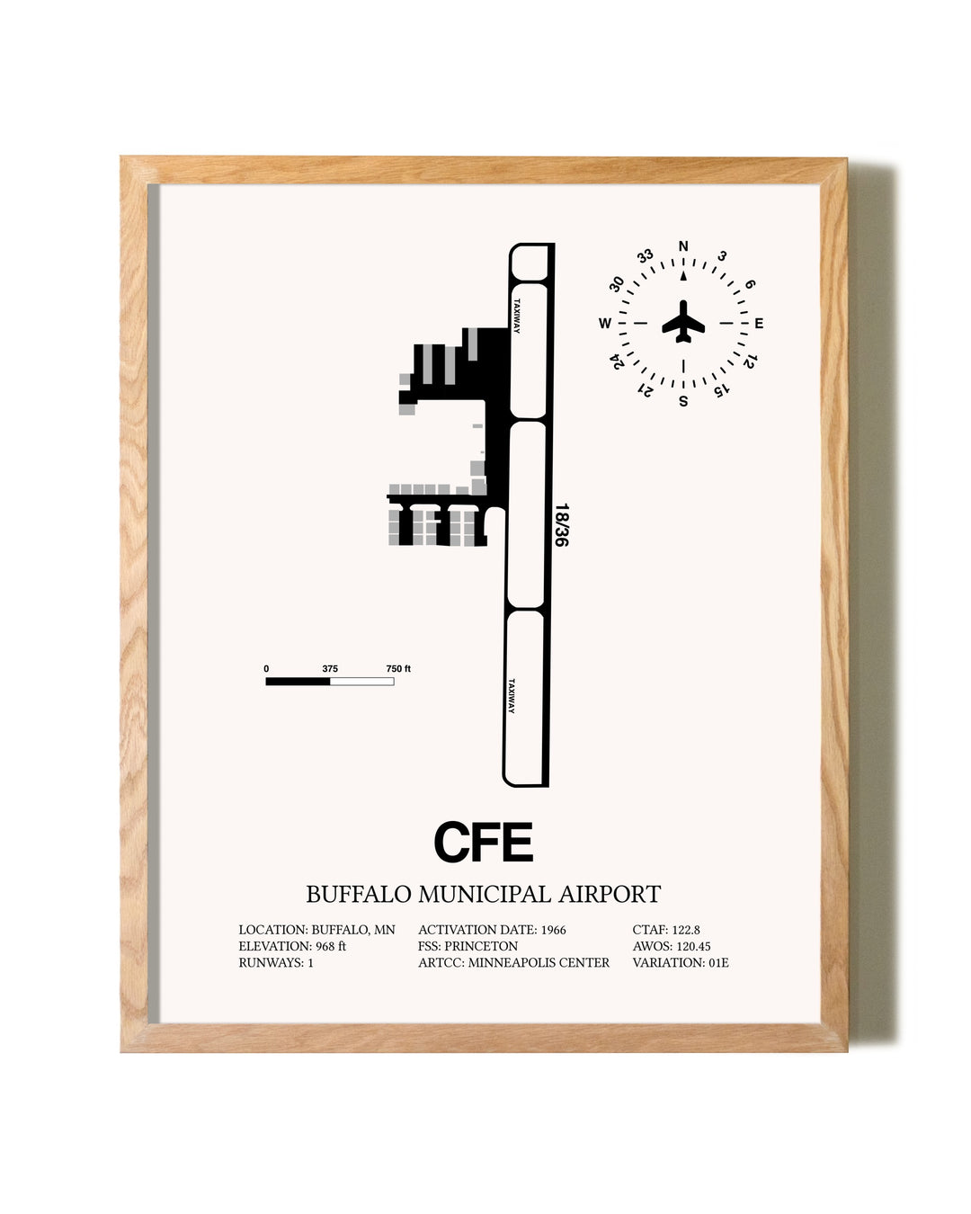 Buffalo Municipal Airport framed print in natural wood frame