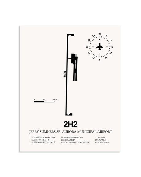 Gray Jerry Sumners Sr. Aurora Municipal Airport framed poster displayed in an airplane hangar