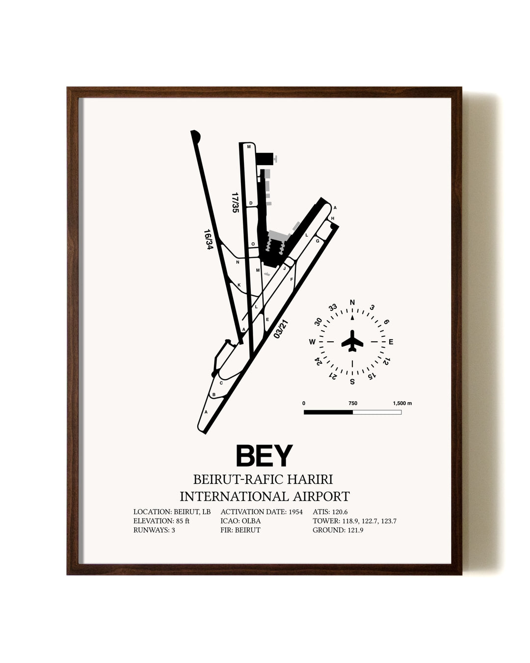 Beirut-Rafic Hariri International Airport aviation print in walnut frame